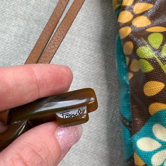 FOSSIL Oilcloth Crossbody Bag Purse Flower Blue Brown Tan Yellow Zipper Top - Picture 4 of 10